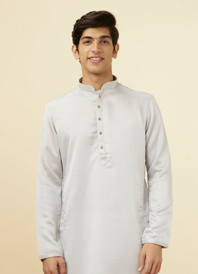 Manyavar Men Glacier Grey Embroidered Neckline Kurta Set