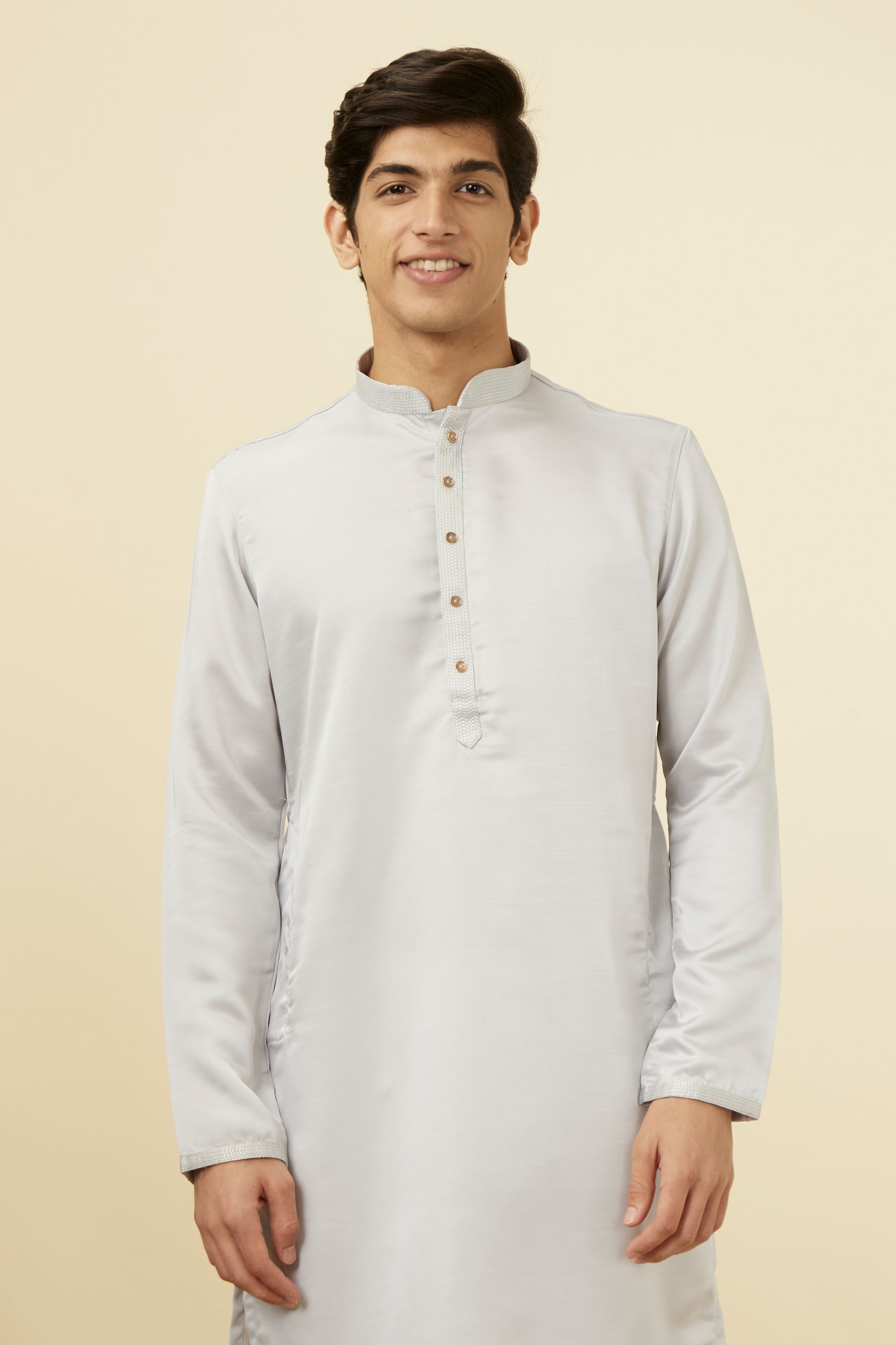 Manyavar Men Glacier Grey Embroidered Neckline Kurta Set