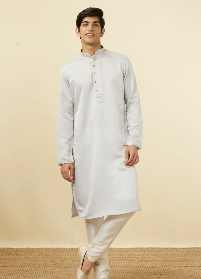 Manyavar Men Glacier Grey Embroidered Neckline Kurta Set