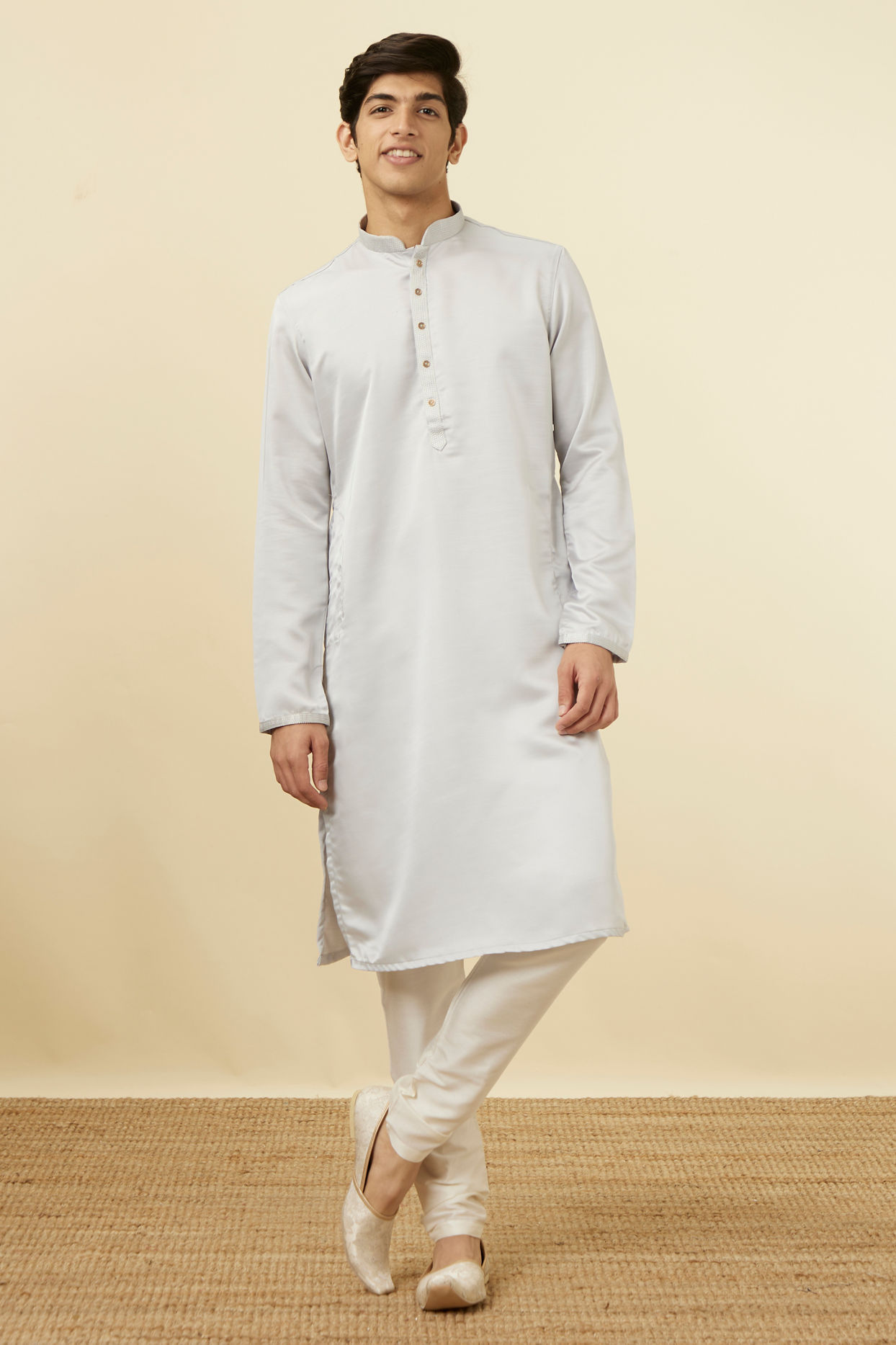 Manyavar Men Glacier Grey Embroidered Neckline Kurta Set