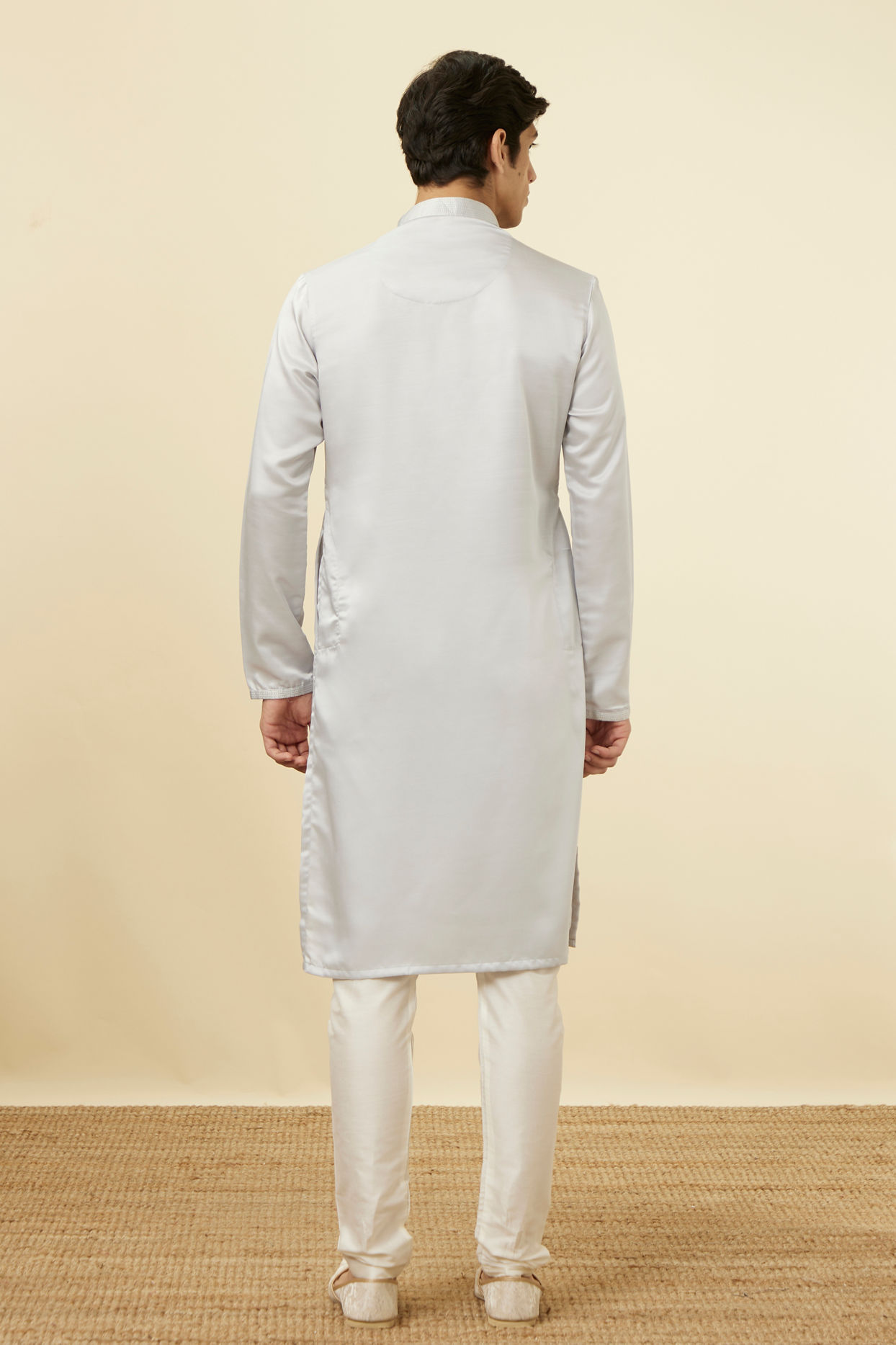 Manyavar Men Glacier Grey Embroidered Neckline Kurta Set