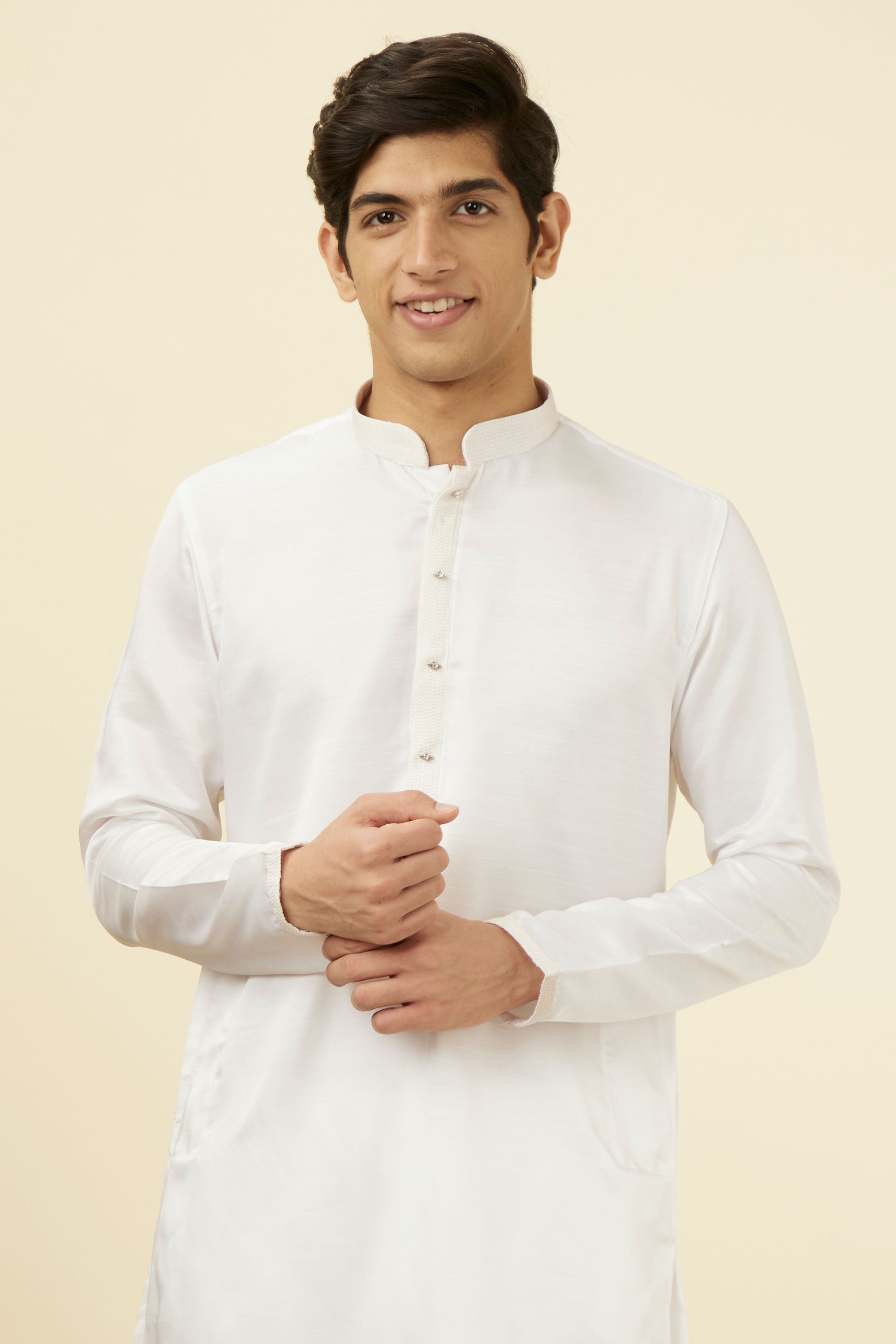 Manyavar Men Shell White Embellished Button Kurta Set