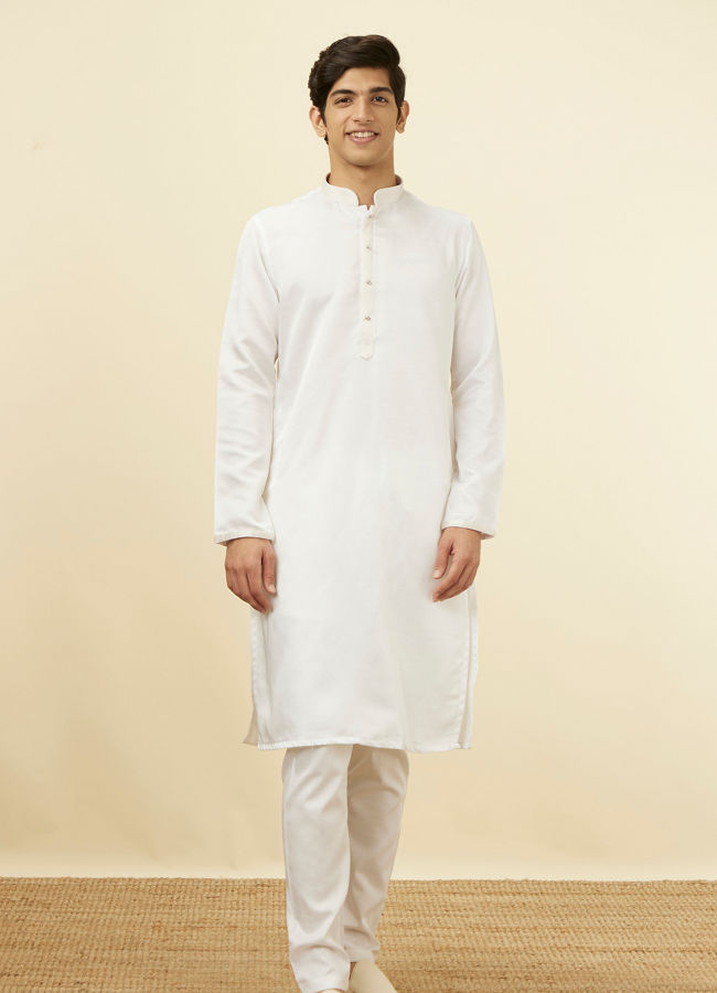 Manyavar Men Shell White Embellished Button Kurta Set