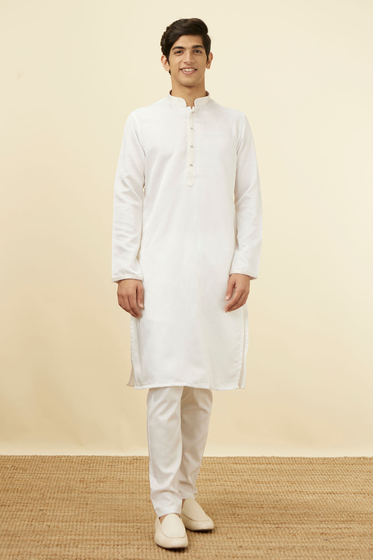 Manyavar Men Shell White Embellished Button Kurta Set