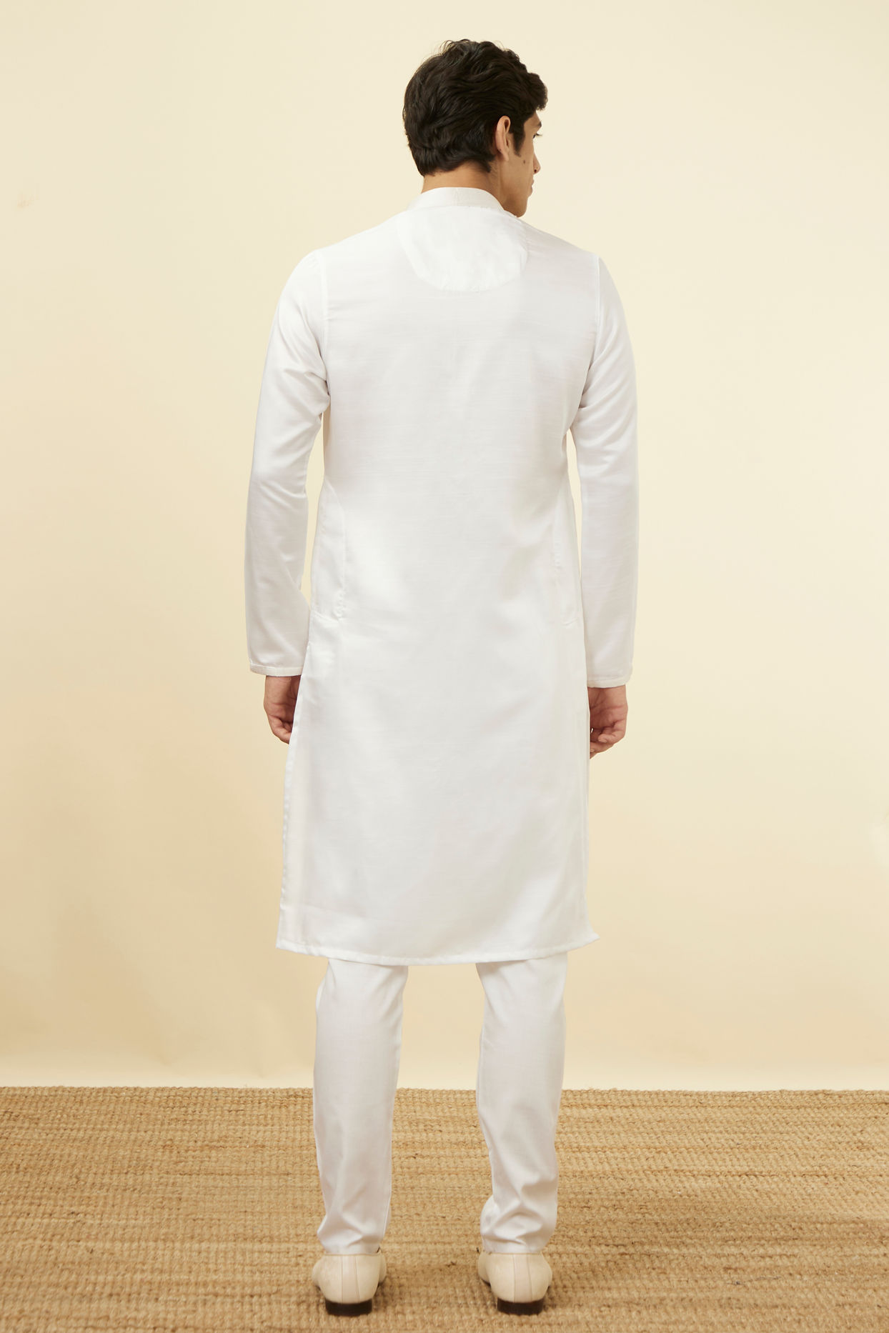 Manyavar Men Shell White Embellished Button Kurta Set