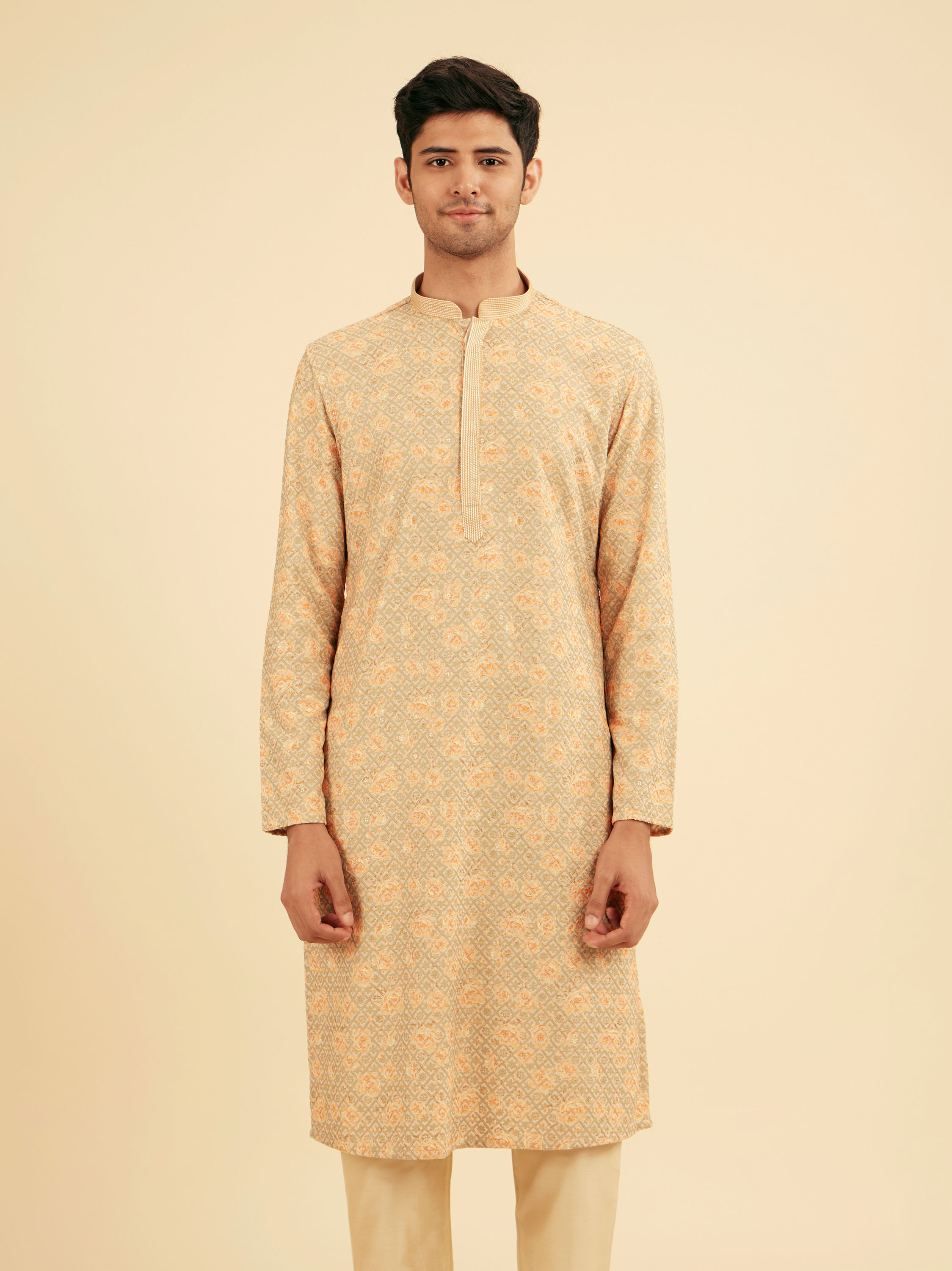Manyavar Men Peach and Pista Green Chikankari
