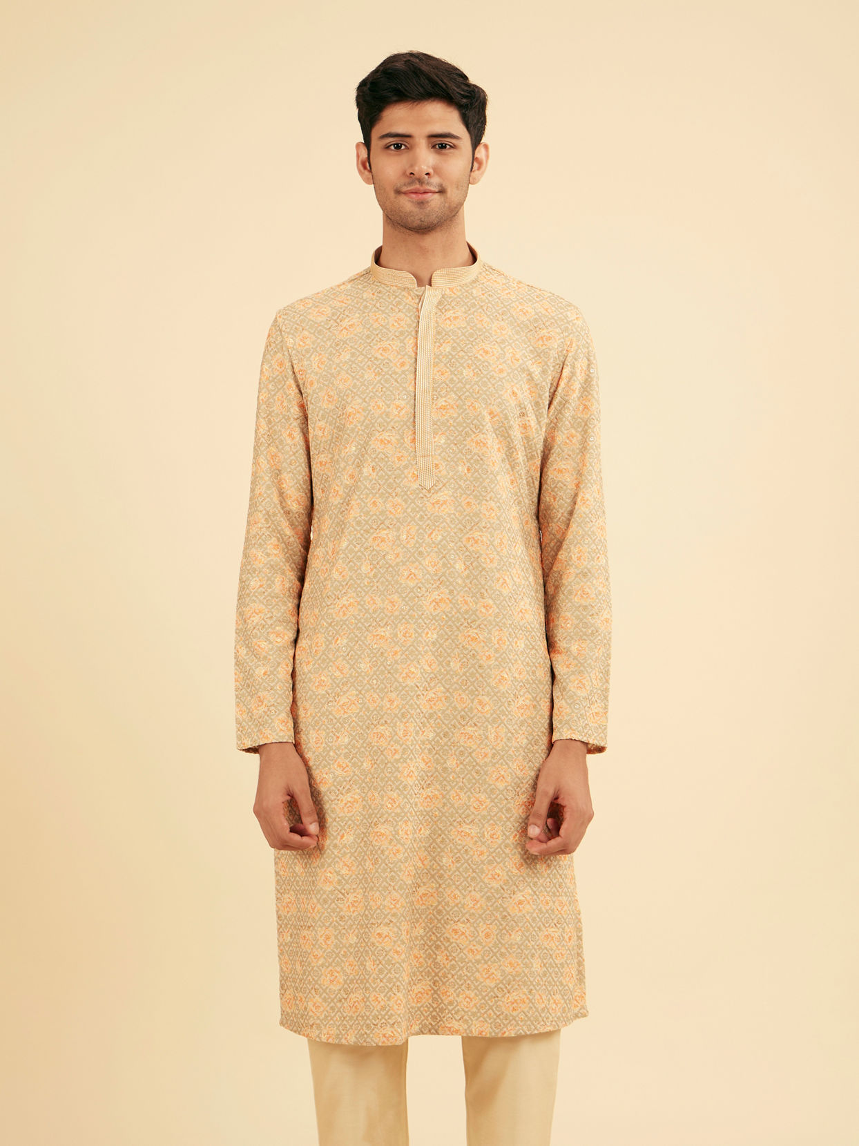 Manyavar Men Peach and Pista Green Chikankari Kurta Pajama