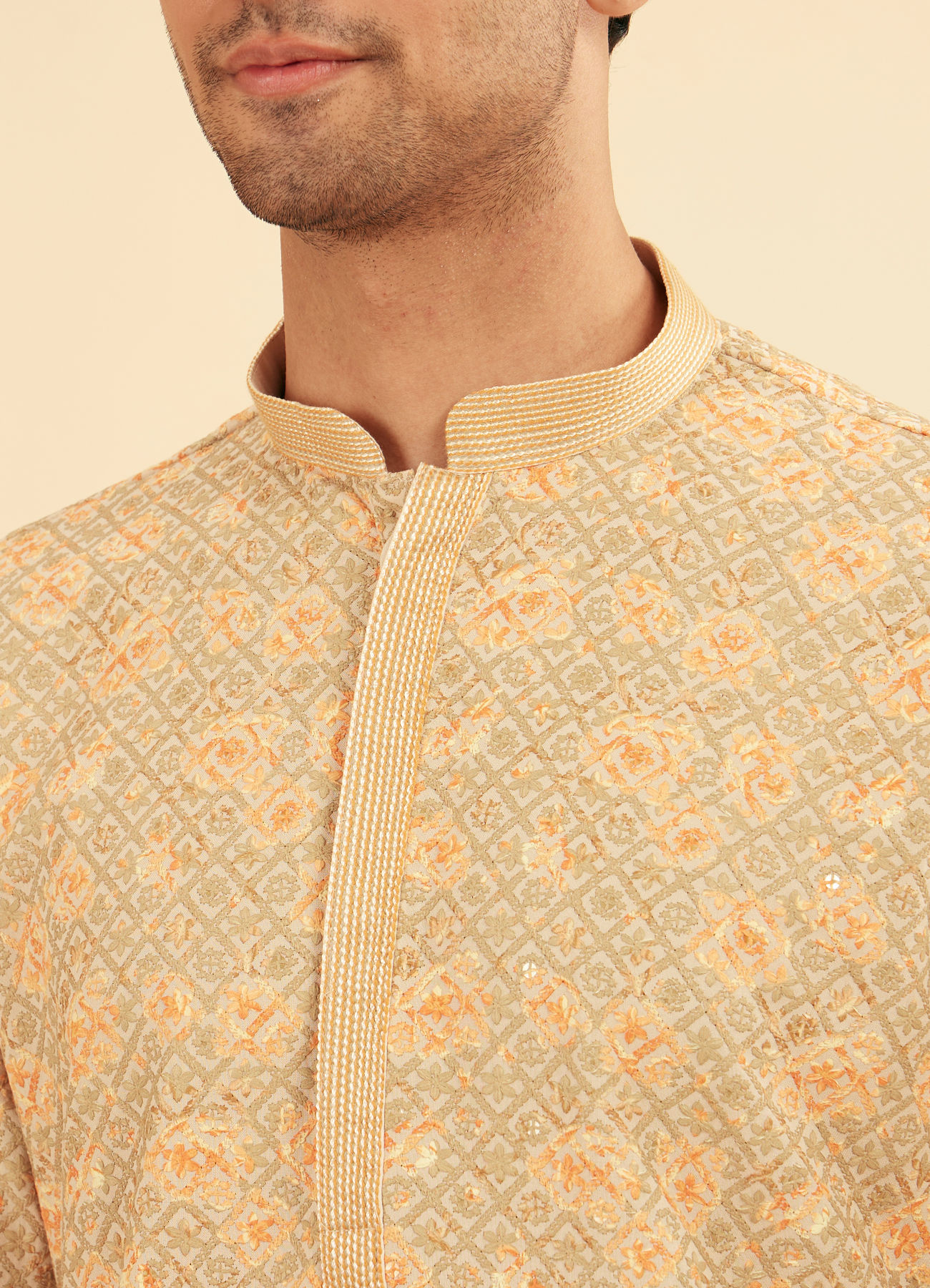 Manyavar Men Peach and Pista Green Chikankari