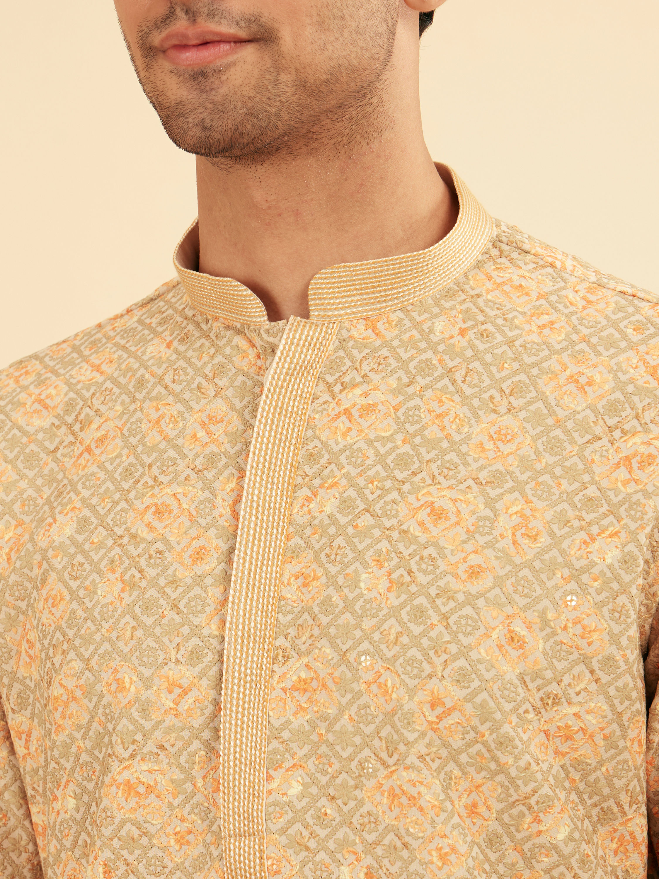 Manyavar Men Peach and Pista Green Chikankari