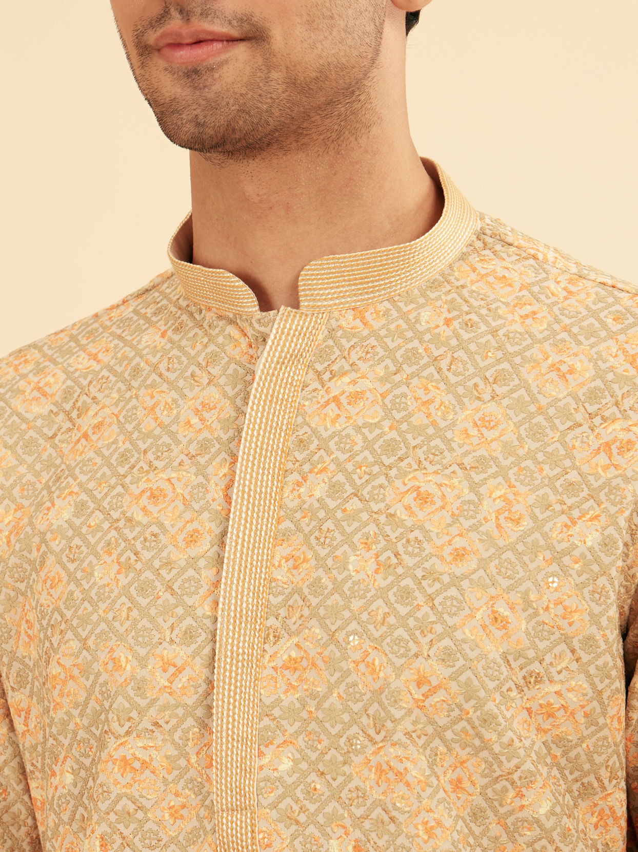 Manyavar Men Peach and Pista Green Chikankari Kurta Pajama