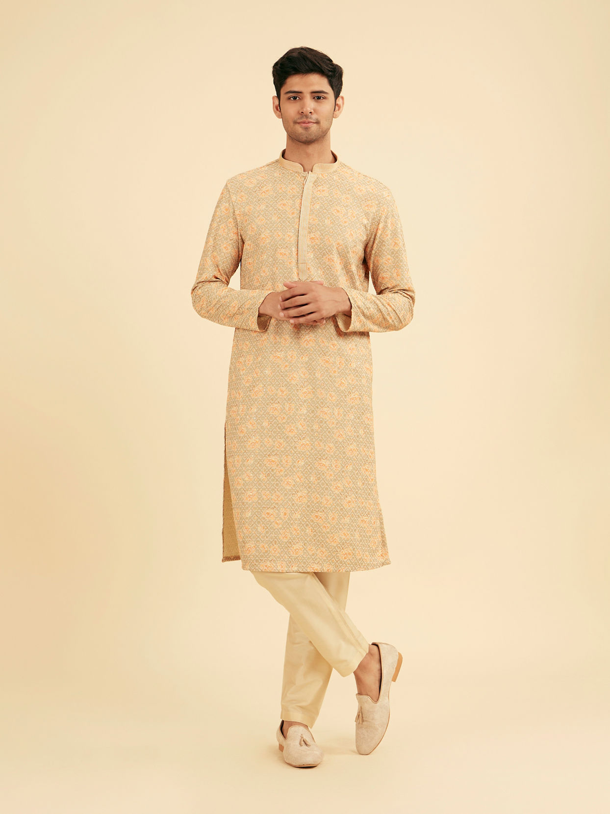 Manyavar Men Peach and Pista Green Chikankari