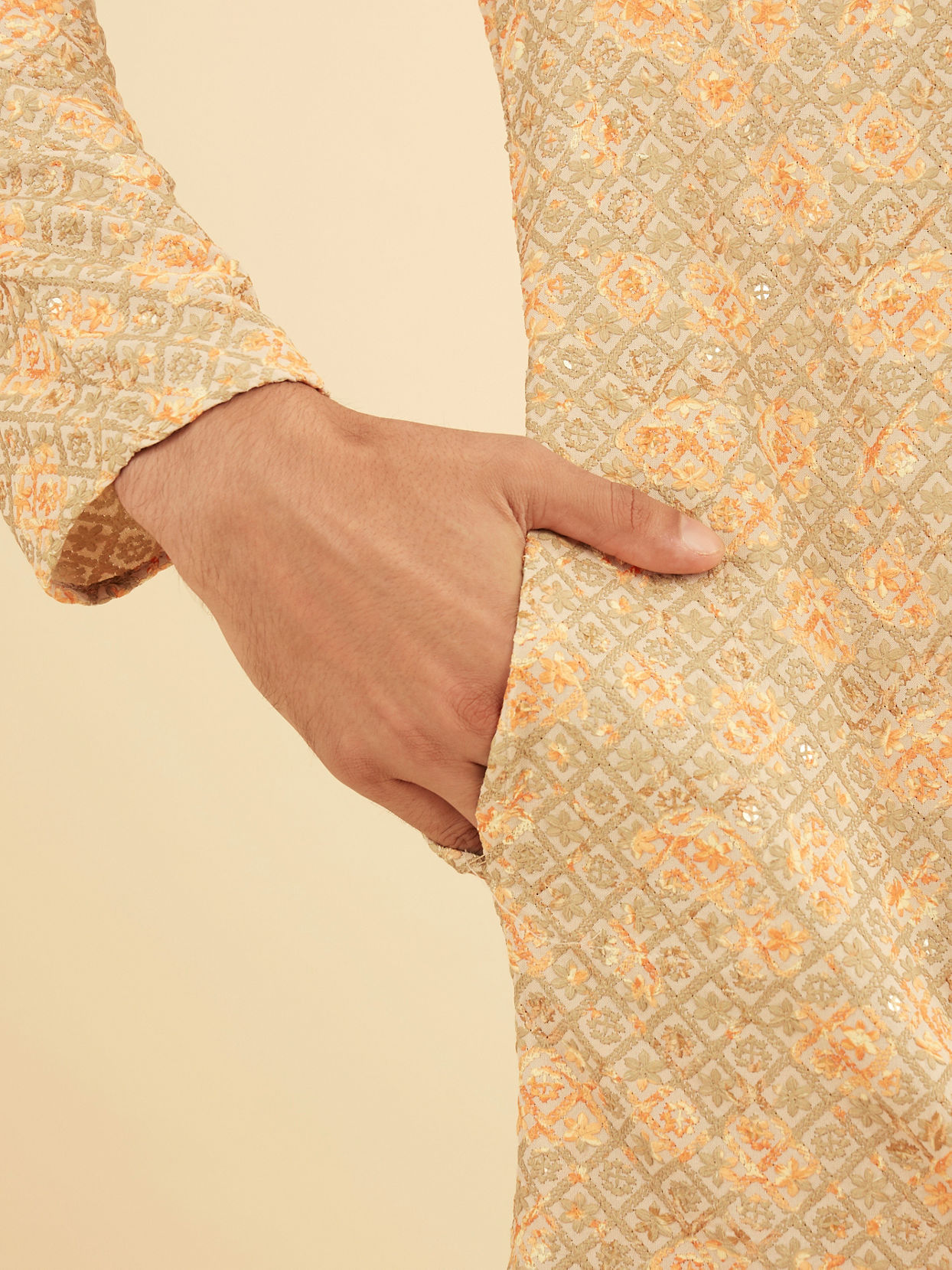 Manyavar Men Peach and Pista Green Chikankari