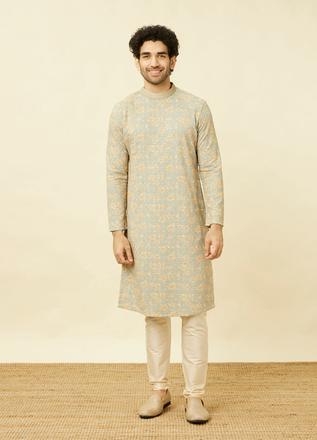 Manyavar Men Serenity Blue Chikankari Embroidered Kurta Set