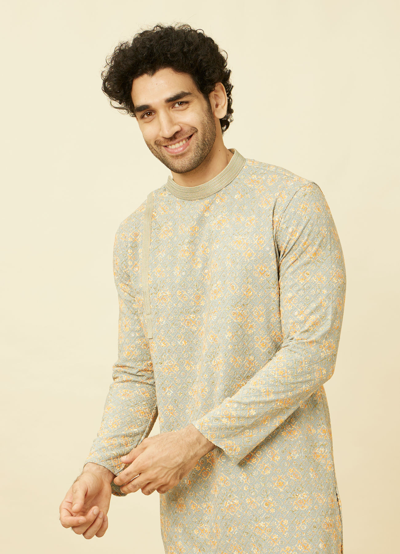 Manyavar Men Serenity Blue Chikankari Embroidered Kurta Set