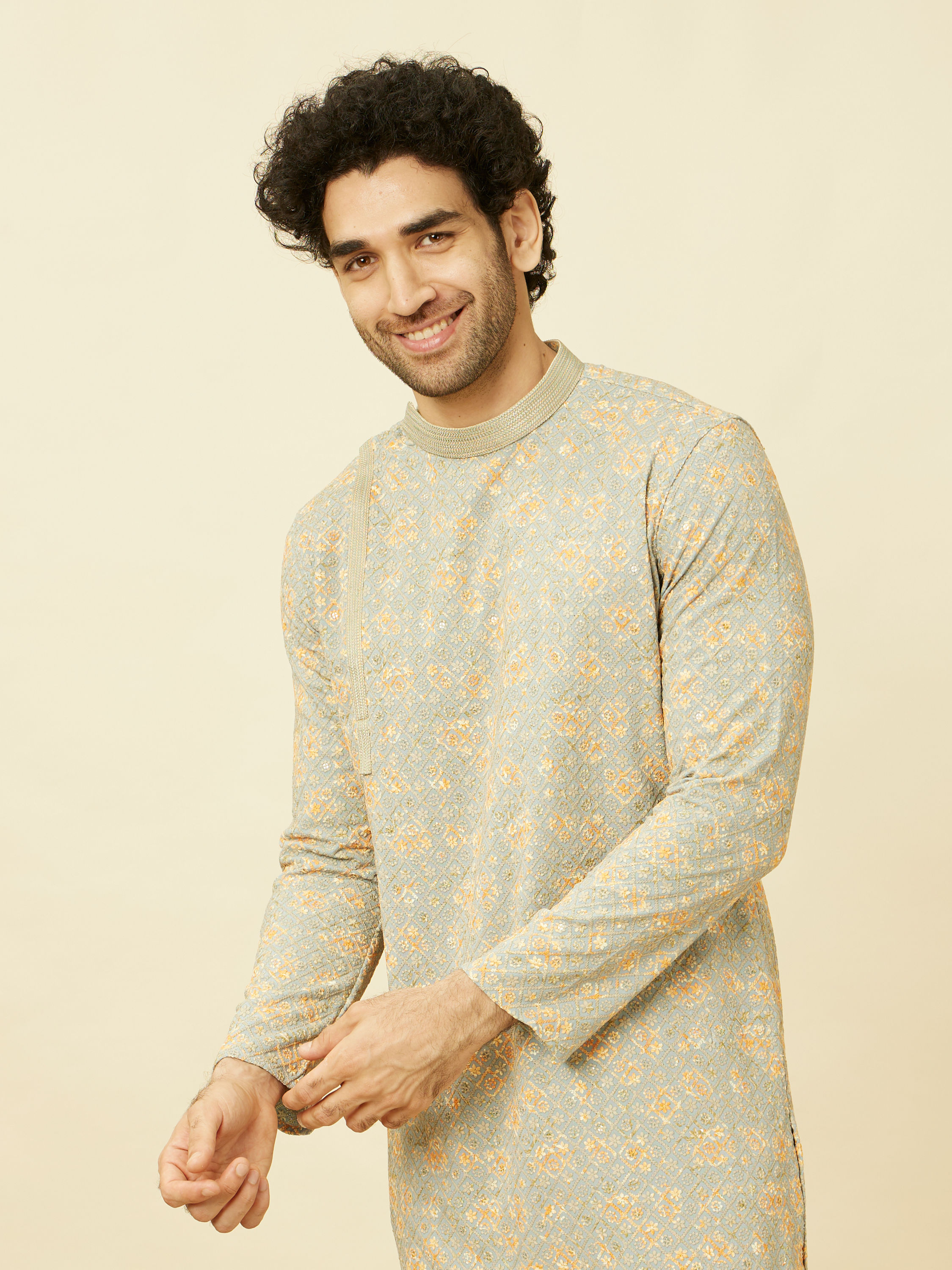 Manyavar Men Serenity Blue Chikankari Embroidered Kurta Set