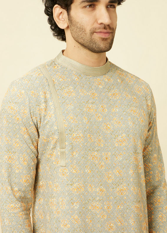 Manyavar Men Serenity Blue Chikankari Embroidered Kurta Set