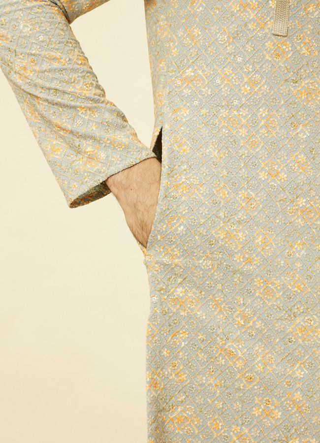 Manyavar Men Serenity Blue Chikankari Embroidered Kurta Set
