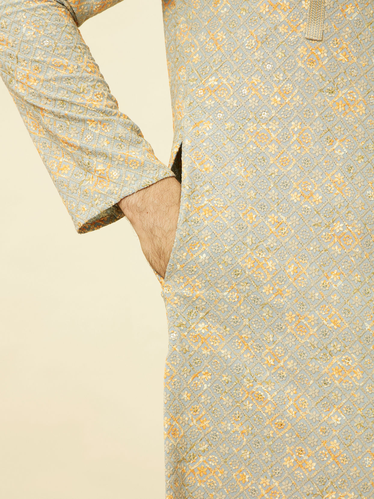 Manyavar Men Serenity Blue Chikankari Embroidered Kurta Set