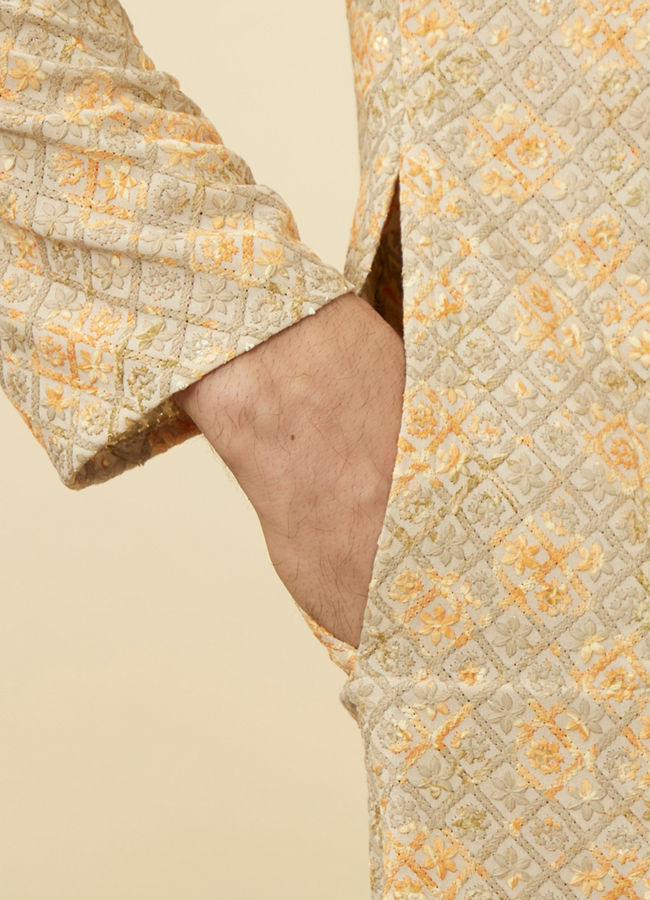 Manyavar Men Pista Side Open Kurta Pajama Set With Orange Motifs