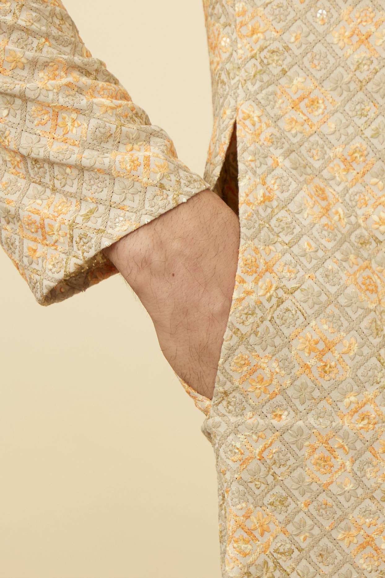 Manyavar Men Pista Side Open Kurta Pajama Set With Orange Motifs