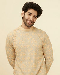 Manyavar Men Pista Side Open Kurta Pajama Set With Orange Motifs