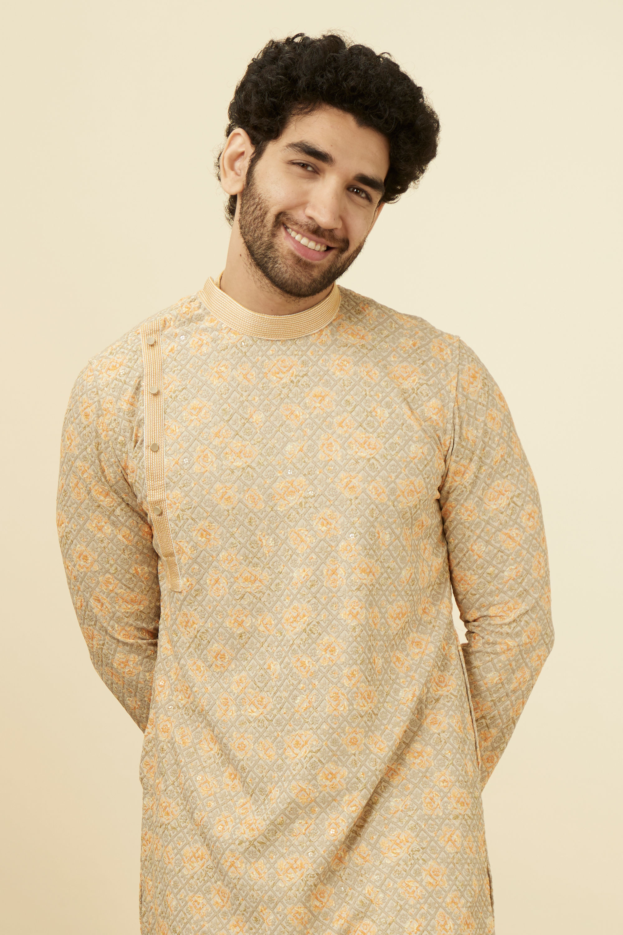 Manyavar Men Pista Side Open Kurta Pajama Set With Orange Motifs