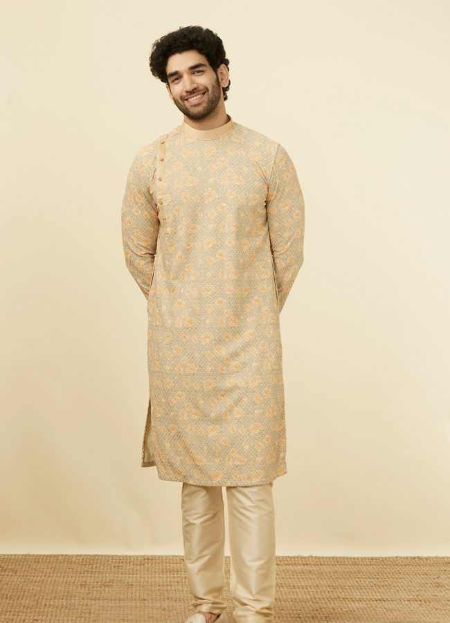 Manyavar Men Pista Side Open Kurta Pajama Set With Orange Motifs