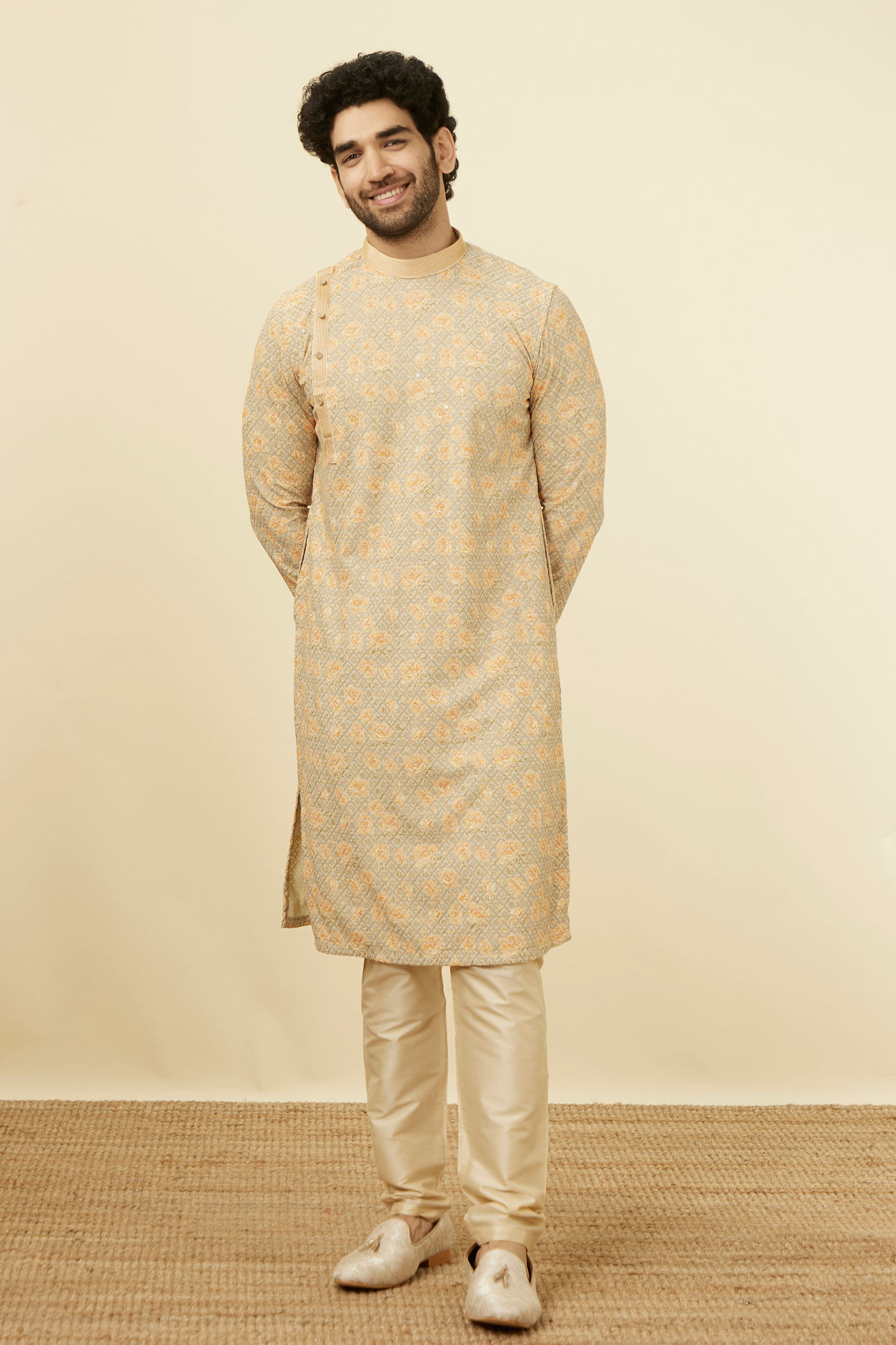 Manyavar Men Pista Side Open Kurta Pajama Set With Orange Motifs