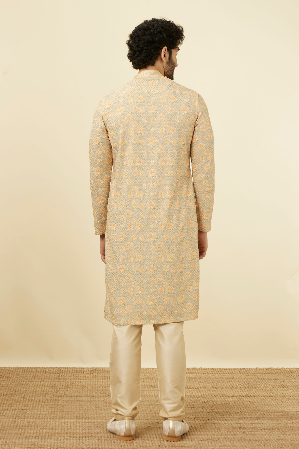 Manyavar Men Pista Side Open Kurta Pajama Set With Orange Motifs