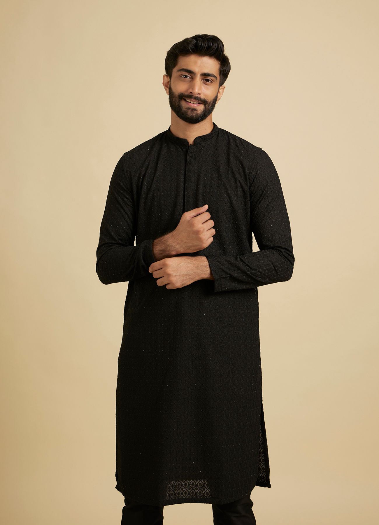 Manyavar Men Chikankari Black Kurta Set