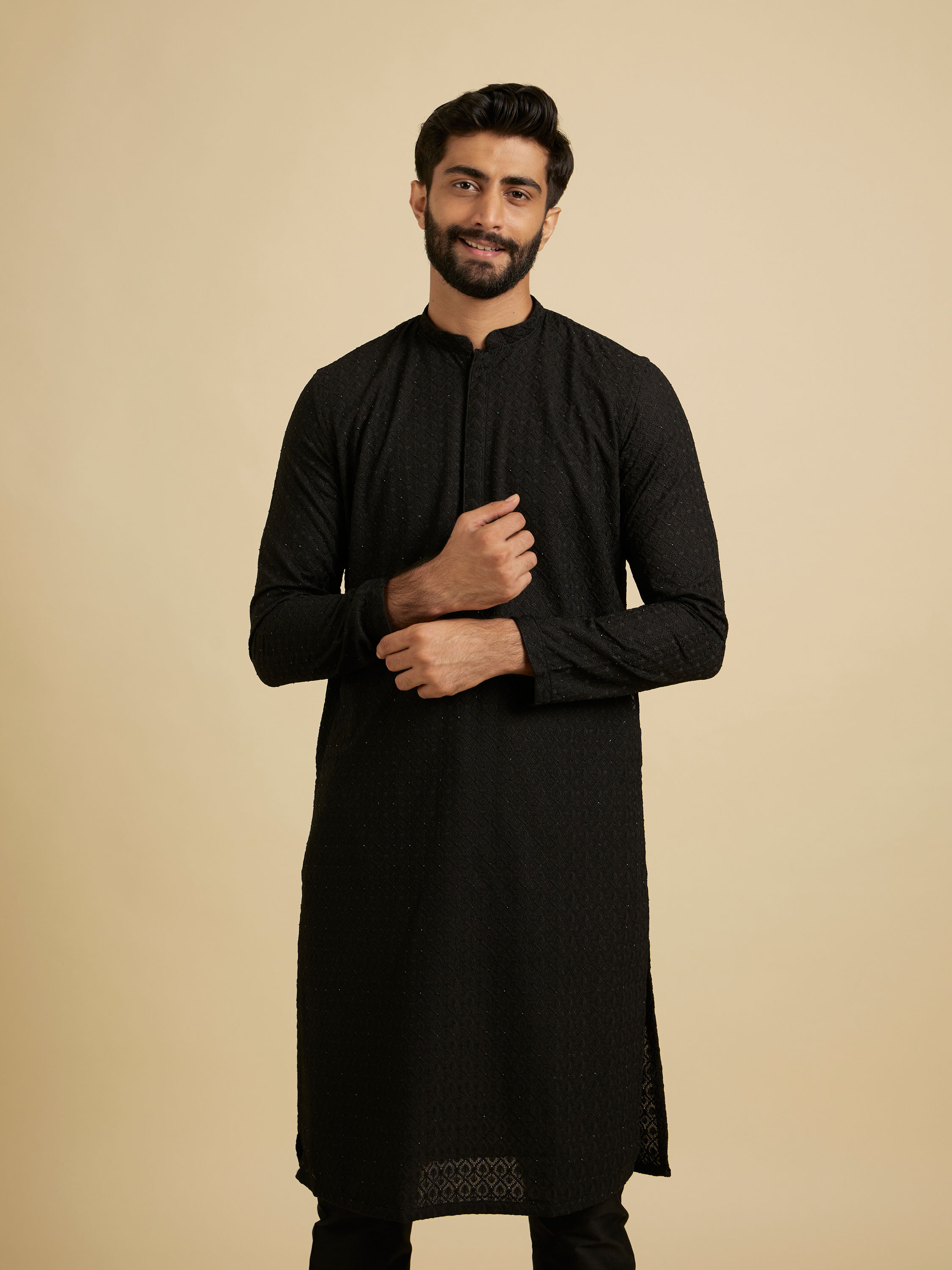 Manyavar Men Chikankari Black Kurta Set