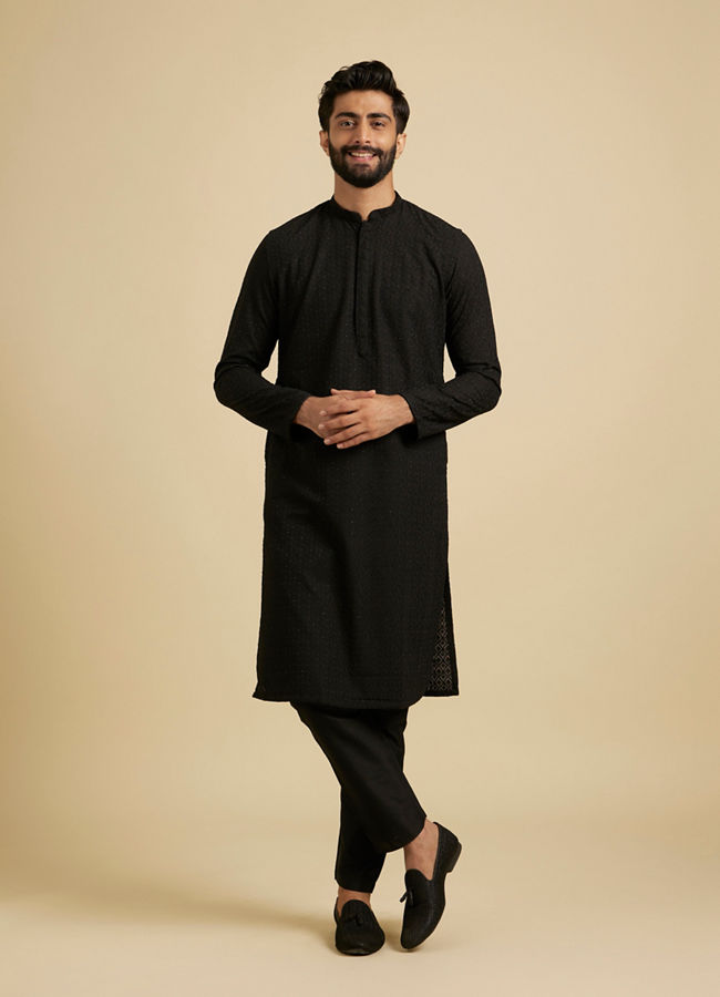 Manyavar Men Chikankari Black Kurta Set