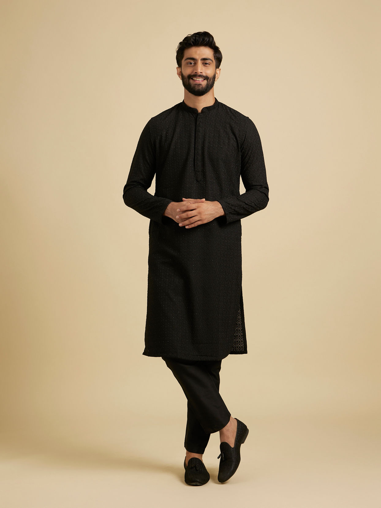 Manyavar Men Chikankari Black Kurta Set