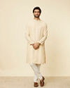 Manyavar Men Soft Beige Embroidered Neckline Kurta Set