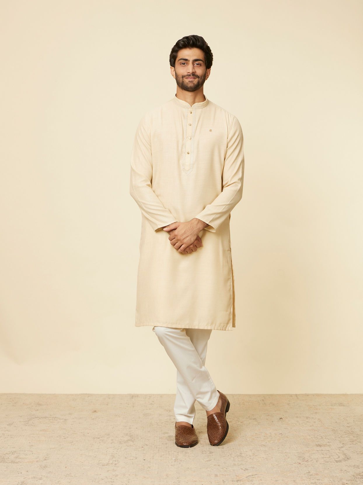 Manyavar Men Soft Beige Embroidered Neckline Kurta Set