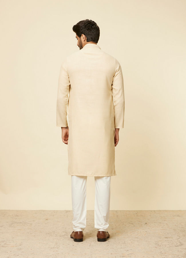 Manyavar Men Soft Beige Embroidered Neckline Kurta Set