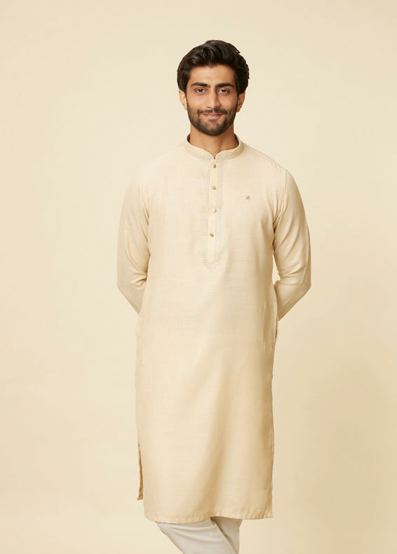 Manyavar Men Soft Beige Embroidered Neckline Kurta Set