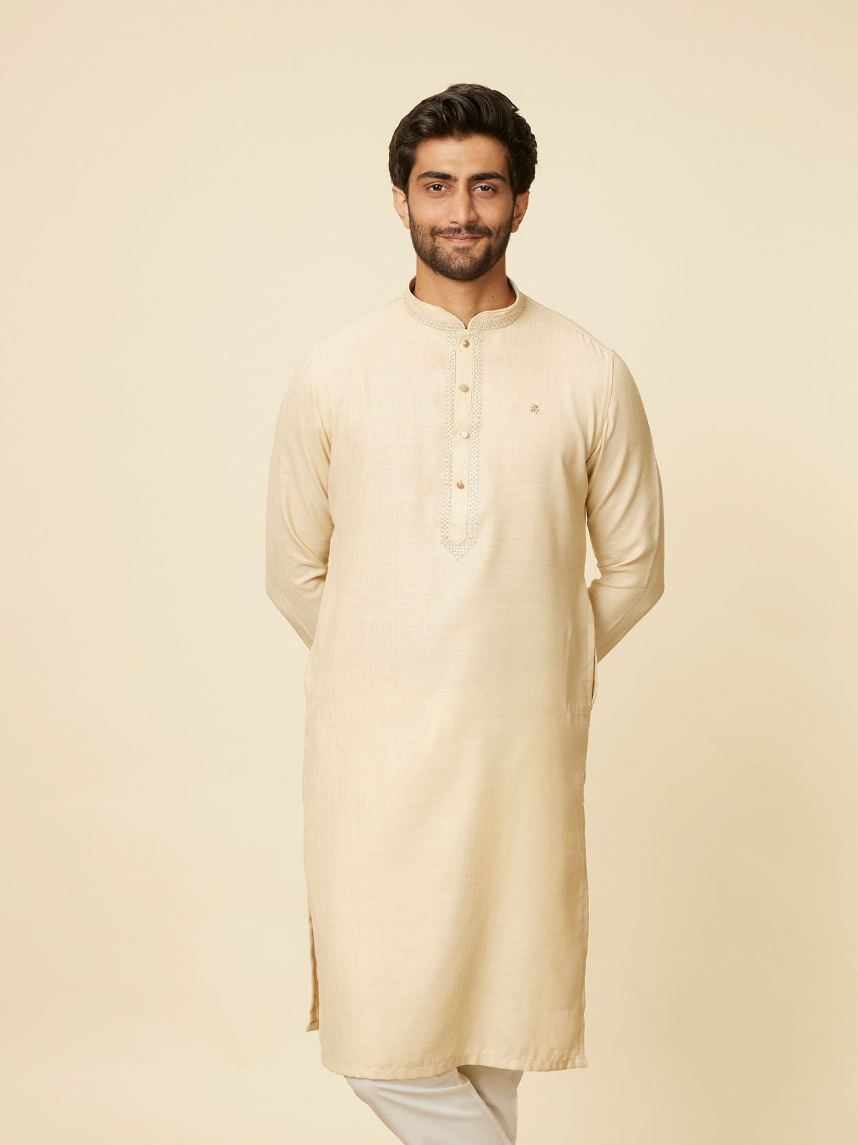 Manyavar Men Soft Beige Embroidered Neckline Kurta Set