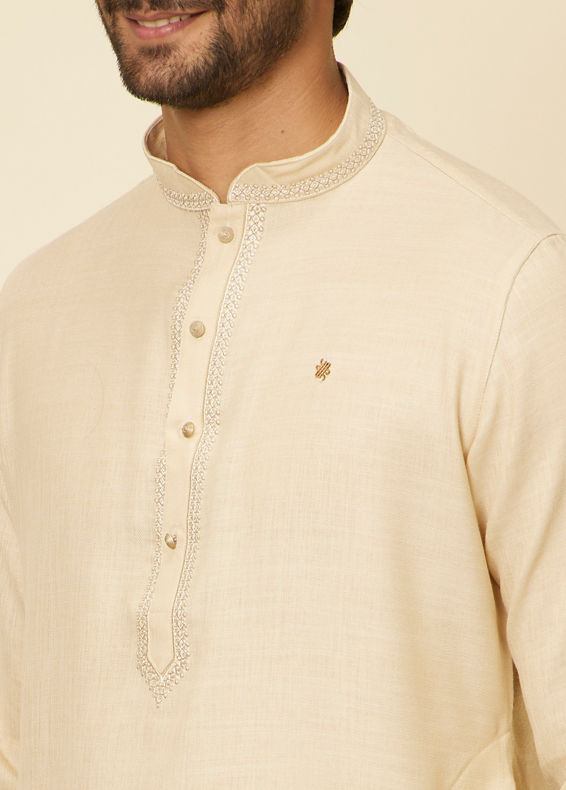 Manyavar Men Soft Beige Embroidered Neckline Kurta Set
