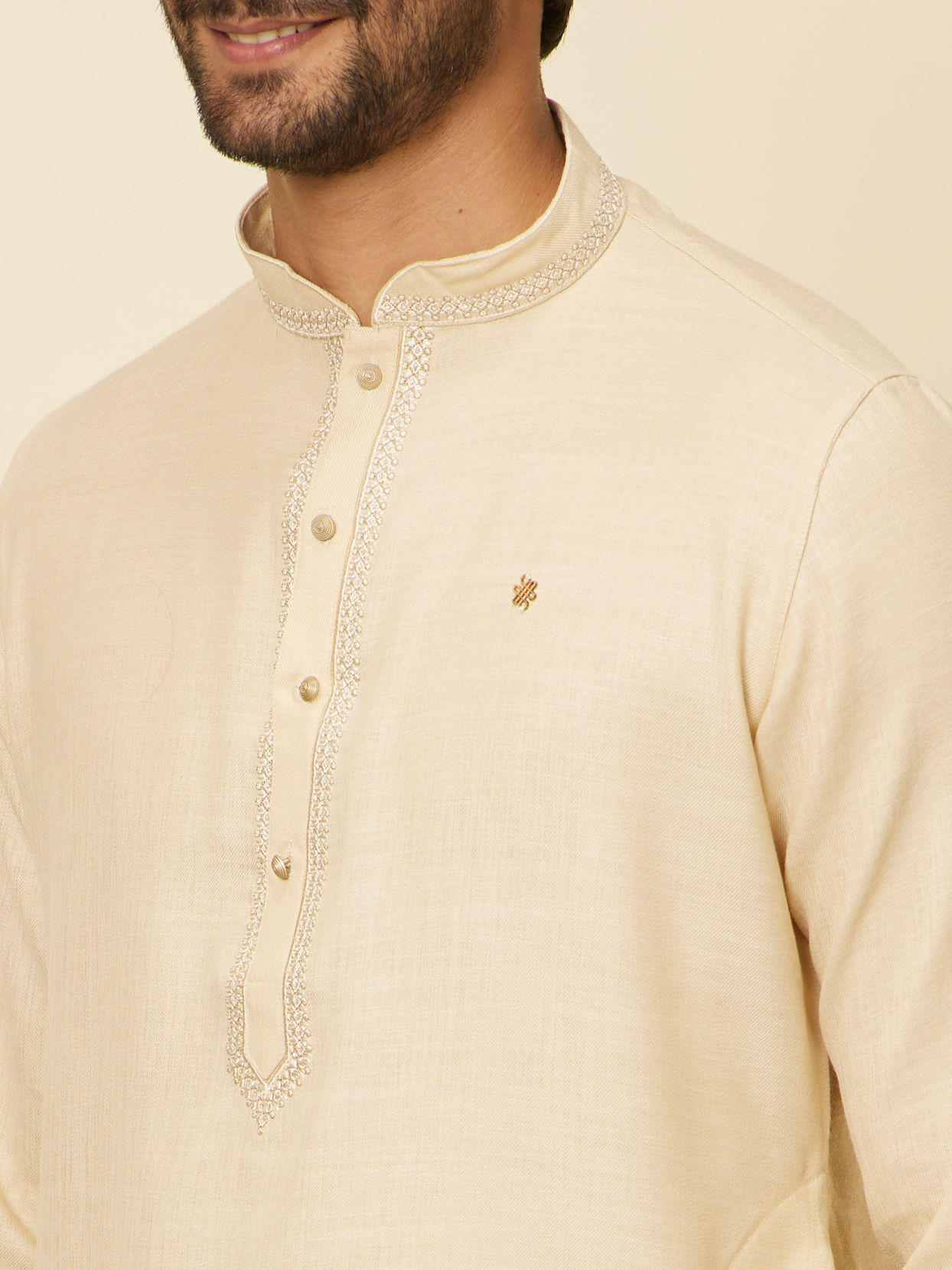 Manyavar Men Soft Beige Embroidered Neckline Kurta Set