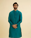 Manyavar Men Peacock Blue Jacquard Patterned Kurta Set
