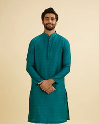 Manyavar Men Peacock Blue Jacquard Patterned Kurta Set