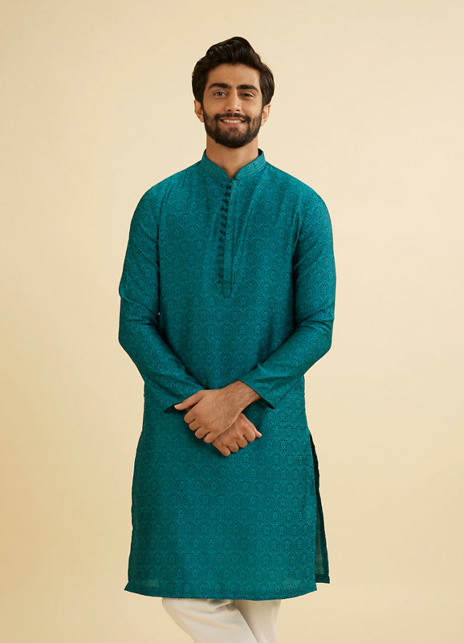 Manyavar Men Peacock Blue Jacquard Patterned Kurta Set