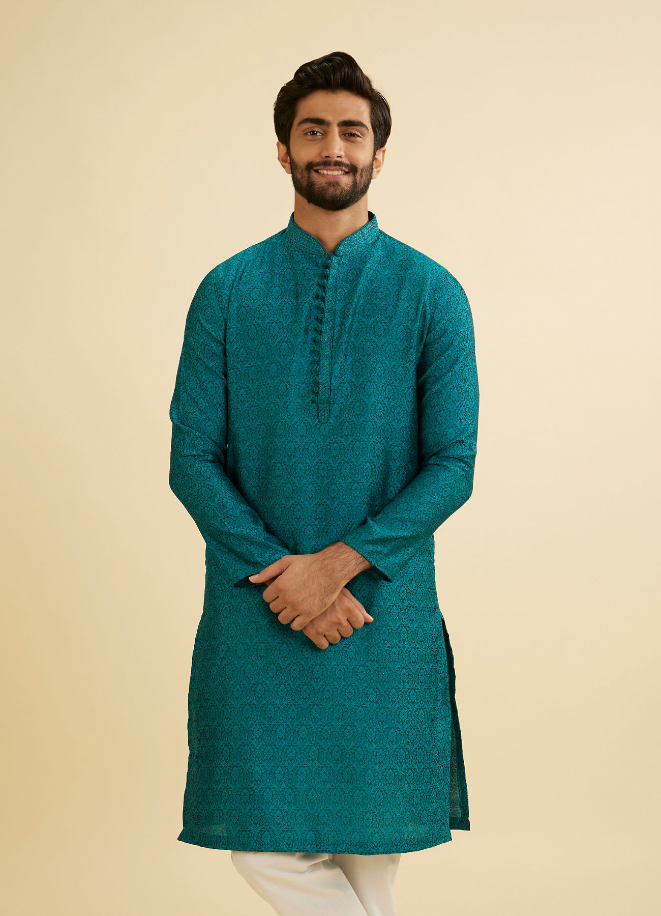 Manyavar Men Peacock Blue Jacquard Patterned Kurta Set