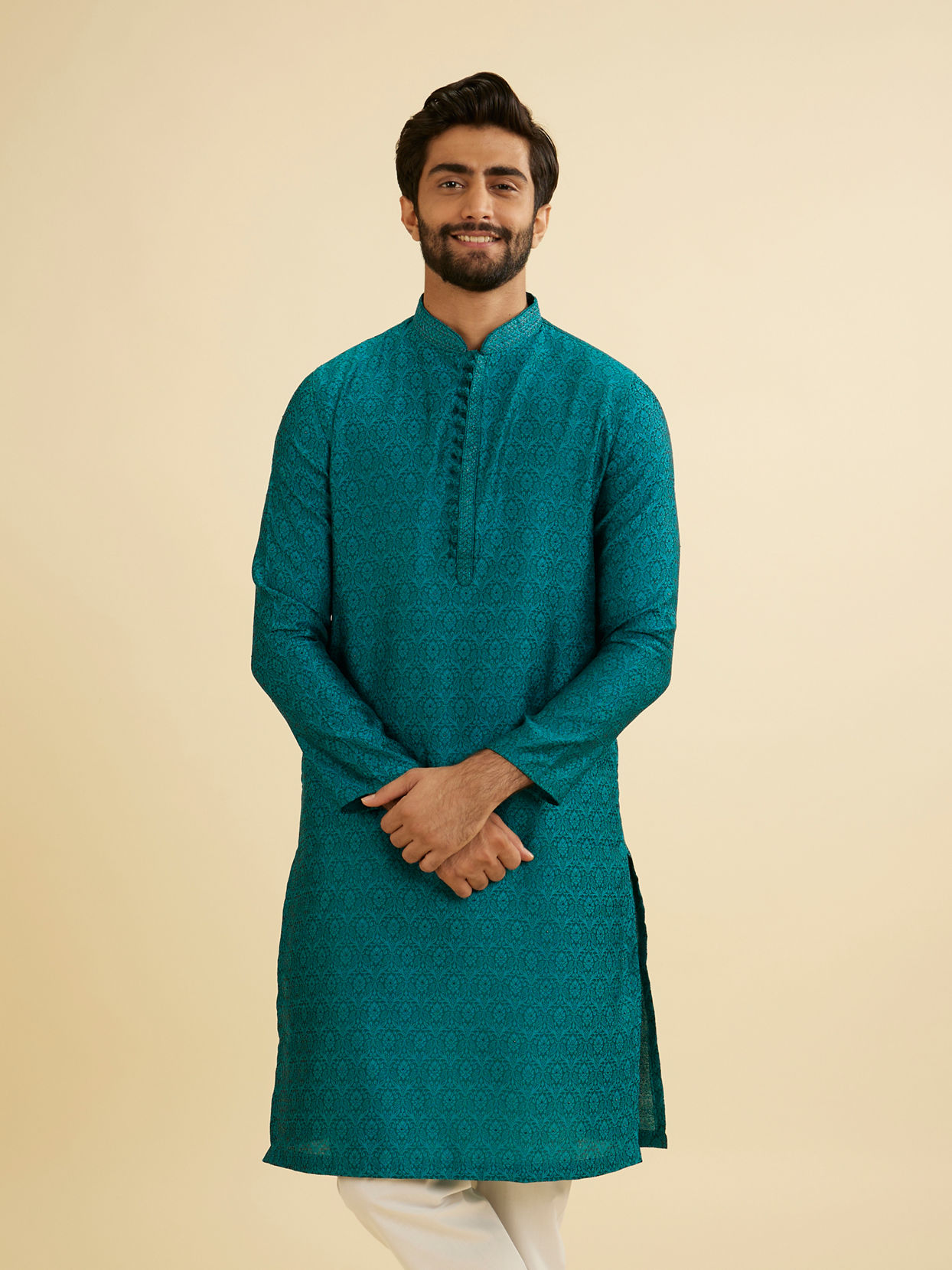 Manyavar Men Peacock Blue Jacquard Patterned Kurta Set image number 0