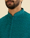 Manyavar Men Peacock Blue Jacquard Patterned Kurta Set image number 1