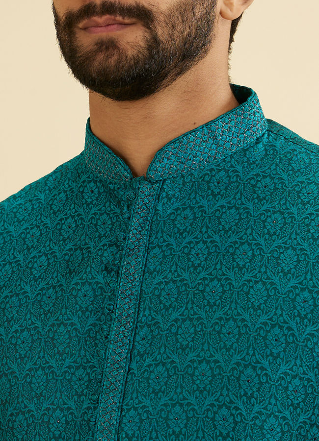 Manyavar Men Peacock Blue Jacquard Patterned Kurta Set image number 1