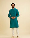 Manyavar Men Peacock Blue Jacquard Patterned Kurta Set image number 2