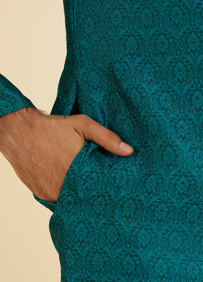 Manyavar Men Peacock Blue Jacquard Patterned Kurta Set image number 3