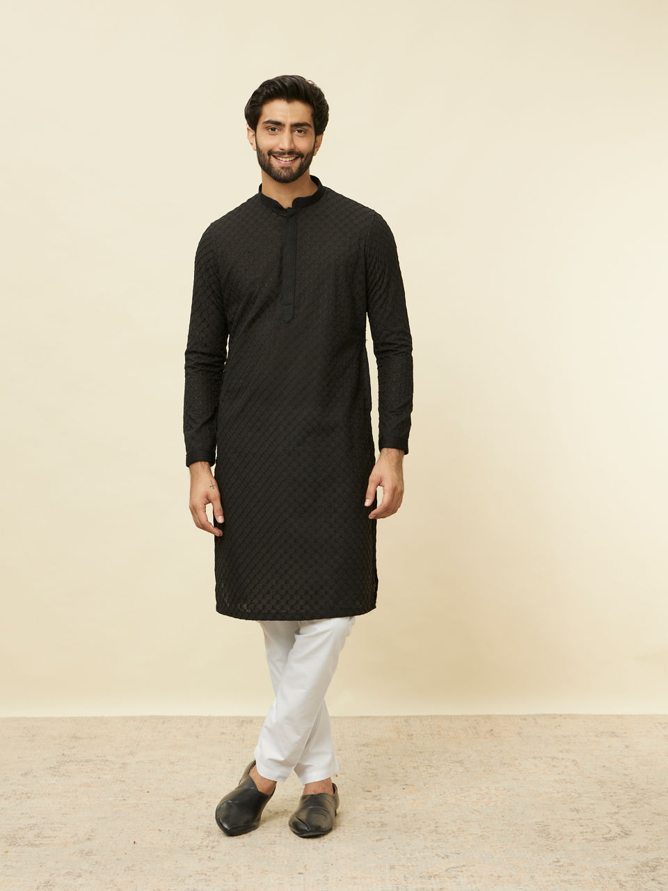 Manyavar Men Midnight Black Chikankari Kurta Set